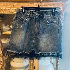 Chelsea & Violet Distressed Denim Skirt with Black Fringe XL